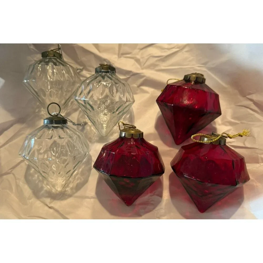 6 Restoration Hardware Handblown 3 Red Octagon Art Glass Kugel Style Ornaments